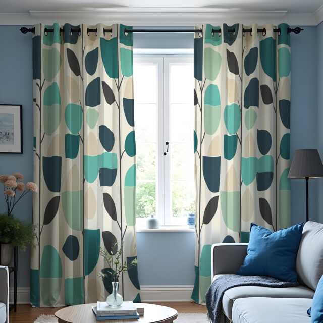 Teal Leaf Print Curtains, Mid Century Modern Drapes, Scandinavian Style Window Panels, Retro Geometric Living Room Home Decor - image 1
