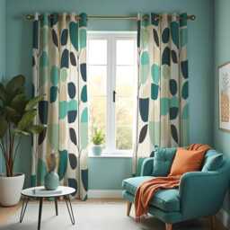 Teal Leaf Print Curtains, Mid Century Modern Drapes, Scandinavian Style Window Panels, Retro Geometric Living Room Home Decor - thumbnail 2