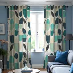 Teal Leaf Print Curtains, Mid Century Modern Drapes, Scandinavian Style Window Panels, Retro Geometric Living Room Home Decor