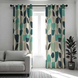 Teal Leaf Print Curtains, Mid Century Modern Drapes, Scandinavian Style Window Panels, Retro Geometric Living Room Home Decor - thumbnail 3