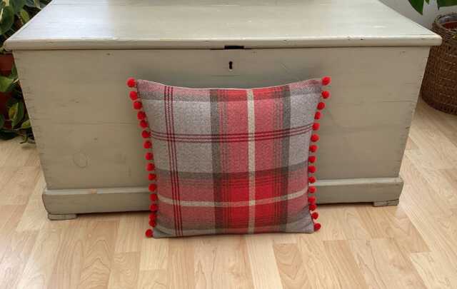 Handmade Balmoral Cherry Red Grey Tartan Tweed Plaid Wool Effect Fabric Country Throw Pillow Sham Cushion Cover Pompom Trim - image 1