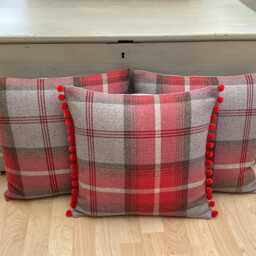Handmade Balmoral Cherry Red Grey Tartan Tweed Plaid Wool Effect Fabric Country Throw Pillow Sham Cushion Cover Pompom Trim - thumbnail 2