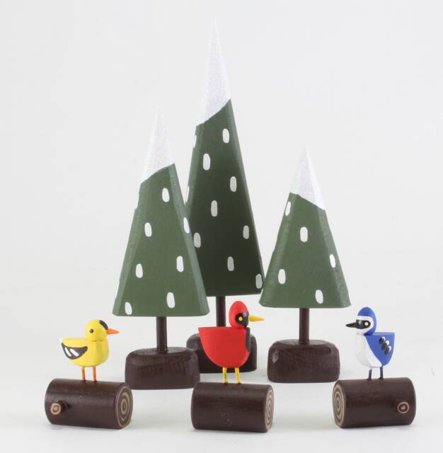 Winter Songbirds - Cardinal Goldfinch Blue Jay Folk Art Animal Sculpture Tablescape Centerpiece Holiday Decoration - image 1