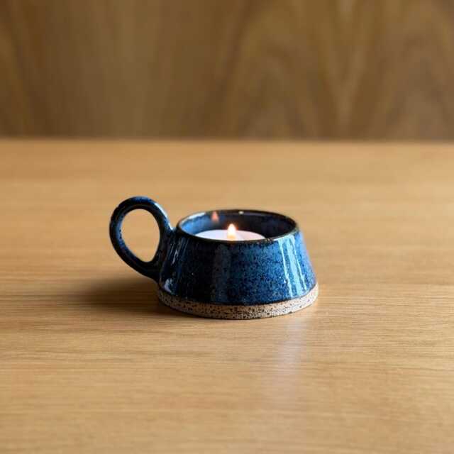Handmade Tea-Light Candle Holder, Blue Ceramic Dish, Rustic Pottery Gift, Stoneware Ring Trinket Small Artisan Votive Holder - image 1