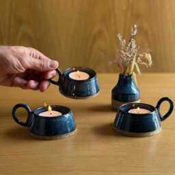 Handmade Tea-Light Candle Holder, Blue Ceramic Dish, Rustic Pottery Gift, Stoneware Ring Trinket Small Artisan Votive Holder - thumbnail 3
