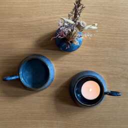 Handmade Tea-Light Candle Holder, Blue Ceramic Dish, Rustic Pottery Gift, Stoneware Ring Trinket Small Artisan Votive Holder - thumbnail 4
