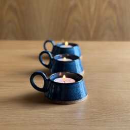 Handmade Tea-Light Candle Holder, Blue Ceramic Dish, Rustic Pottery Gift, Stoneware Ring Trinket Small Artisan Votive Holder - thumbnail 2
