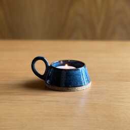 Handmade Tea-Light Candle Holder, Blue Ceramic Dish, Rustic Pottery Gift, Stoneware Ring Trinket Small Artisan Votive Holder - thumbnail 1
