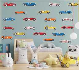 Racing Cars Wall Decals For Kids Room, Set Of 12 Race Car Stickers, Boys Bedroom Toddlers Playroom Decor