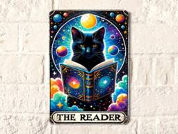 Black Cat Tarot Card Sign Wall Art For Book Lover, Shelf Decor, Metal Tin Sign - thumbnail 1