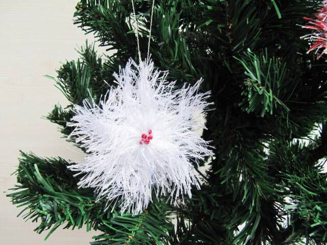 Handmade White Christmas Snowflakes Red Wooden Beads, Handcrafted Party Ornament, Holiday Home Decor, Fluffy - image 1