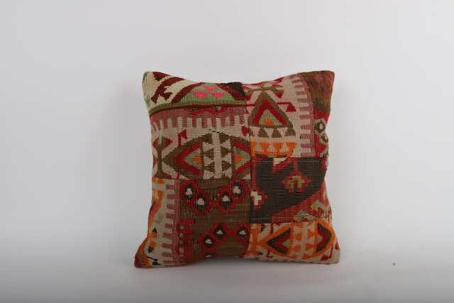 Vintage Turkish Kilim Pillow Cover Handwoven Wool Cushion - 16x16 - image 1