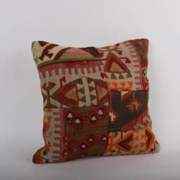 Vintage Turkish Kilim Pillow Cover Handwoven Wool Cushion - 16x16 - thumbnail 2