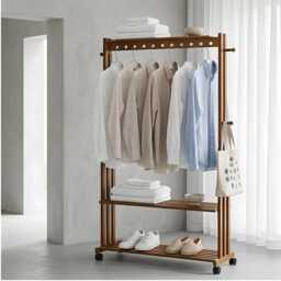 Rustic Bamboo Clothes Rack With Wheels Shoe Shelf Hanging Rail Storage Stand Walnut - thumbnail 1