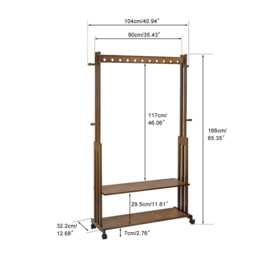 Rustic Bamboo Clothes Rack With Wheels Shoe Shelf Hanging Rail Storage Stand Walnut - thumbnail 4