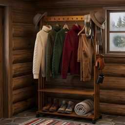 Rustic Bamboo Clothes Rack With Wheels Shoe Shelf Hanging Rail Storage Stand Walnut - thumbnail 2