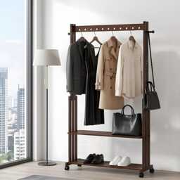 Rustic Bamboo Clothes Rack With Wheels Shoe Shelf Hanging Rail Storage Stand Walnut - thumbnail 3