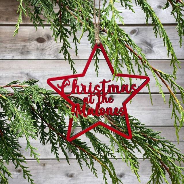 Personalised Coloured Star Christmas Tree Decoration, Wooden Family Name Bauble, Keepsake Bauble Gift, Festive Decoration - image 1