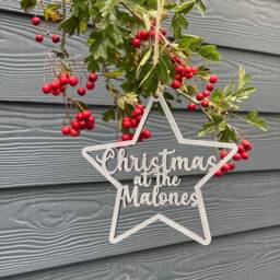 Personalised Coloured Star Christmas Tree Decoration, Wooden Family Name Bauble, Keepsake Bauble Gift, Festive Decoration - thumbnail 2