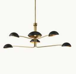 1950's Mid Century Brass Black Orb 6 Lights Sputnik Italian Ceiling Handmade Vintage Chandelier 2 Tier Curved Arms Starburst Light Fixture - thumbnail 1