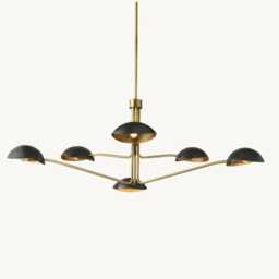 1950's Mid Century Brass Black Orb 6 Lights Sputnik Italian Ceiling Handmade Vintage Chandelier 2 Tier Curved Arms Starburst Light Fixture - thumbnail 2