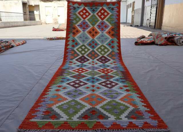 2'9x8'4 Ft Afghan Runner Rug, Modern Geometric Kilim Handmade Natural Veg Dyes Wool Boho Flatweave Hallway Carpet - image 1