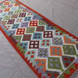 2'9x8'4 Ft Afghan Runner Rug, Modern Geometric Kilim Handmade Natural Veg Dyes Wool Boho Flatweave Hallway Carpet - thumbnail 2