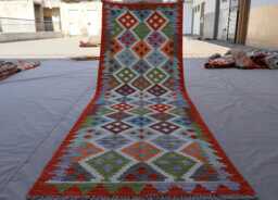 2'9x8'4 Ft Afghan Runner Rug, Modern Geometric Kilim Handmade Natural Veg Dyes Wool Boho Flatweave Hallway Carpet - thumbnail 1