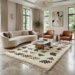 Hand-Knotted Wool Beni Ourain Rug - Cream Geometric Tribal Symbols Area - thumbnail 2