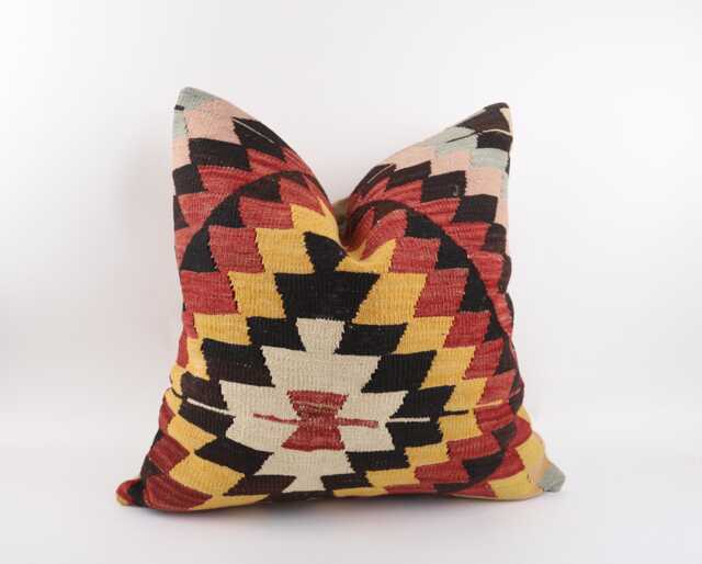 Handwoven Turkish Kilim Pillow Cover Bohemian Embroidered Wool, 24x24 - image 1