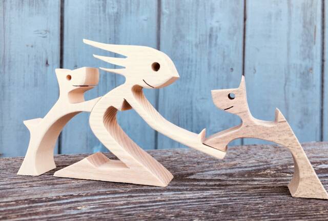 Original Wood Sculpture 2Virgule5D A Woman With Two Dogs Interior Decoration - image 1