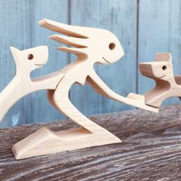 Original Wood Sculpture 2Virgule5D A Woman With Two Dogs Interior Decoration - thumbnail 2
