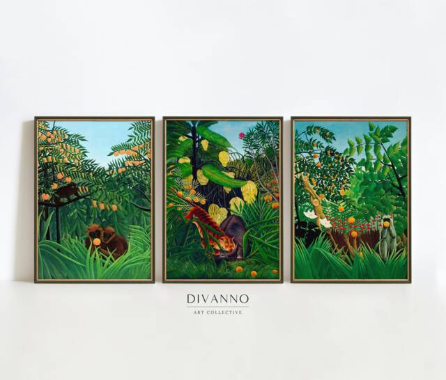 Set Of 3 Jungle Posters, Rousseau Gallery Wall Art, Tropical Wildlife Painting, Emerald Green Decor, Vintage French Digital - image 1