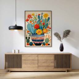 Mexican Art, Colourful Floral Wall Print, Poster, Art Cactus Vintage Retro Poster - thumbnail 1