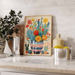 Mexican Art, Colourful Floral Wall Print, Poster, Art Cactus Vintage Retro Poster - thumbnail 3