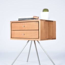 Modern Nightstand/Mid Century Bedside Table With Double Drawers in Solid Antique Wood Wine Barrels - thumbnail 3
