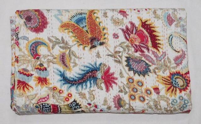 Indian Kantha Quilt Handmade Tree Print Bedspread Throw Cotton Blanket Gudari Queen Bedcover - image 1