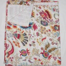 Indian Kantha Quilt Handmade Tree Print Bedspread Throw Cotton Blanket Gudari Queen Bedcover - thumbnail 3
