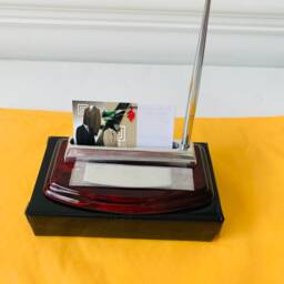 Mahogany Wood Business Card Pen Holder Engravable Stainless Steel Desk Organizer - thumbnail 2