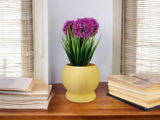 Modern Sphere Planter Pot, Integrated Drip Tray, Minimalist Ribbed Design For Indoor Plants - image 1