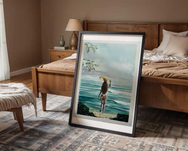 Surfer Girl Art Print - Vintage Tropical Beach Illustration - image 1