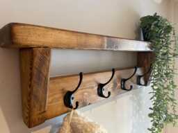 Dark Oak Waxed Coat Rack Shelf With Black Hooks - Farmhouse Wall Storage