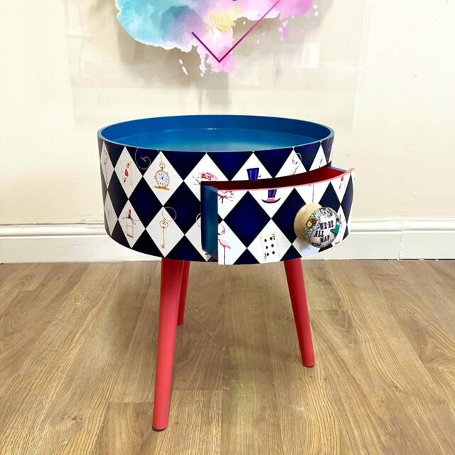 Black & White Bedside Table , Alice in Wonderland Nightstand, Queen Of Hearts Design Black Red . We're All Mad Here Handle - image 1