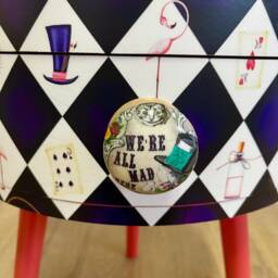 Black & White Bedside Table , Alice in Wonderland Nightstand, Queen Of Hearts Design Black Red . We're All Mad Here Handle - thumbnail 3
