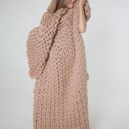 Chunky Knit Blanket, Handmade Gifts, Wool Knitted Throw, Super Bulky Bulky Gift, Latte Beige - thumbnail 3