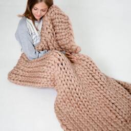 Chunky Knit Blanket, Handmade Gifts, Wool Knitted Throw, Super Bulky Bulky Gift, Latte Beige - thumbnail 2