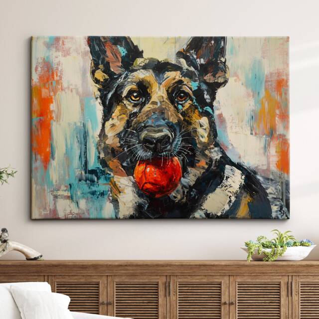 German Shepherd With Chew Ball Dog Pet Art Oil Painting Framed Poster Print & Canvas Wall Living Home Decor Interior Gift - image 1
