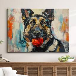German Shepherd With Chew Ball Dog Pet Art Oil Painting Framed Poster Print & Canvas Wall Living Home Decor Interior Gift - thumbnail 1