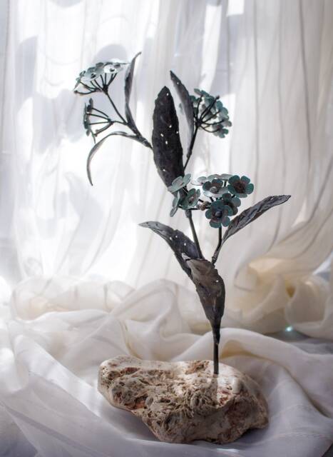Blue ??etal Flower On Stone, Forget-Me-Not Stalk, Twig Steel & Copper Botanical Sculpture By The Steel Style Things, 7Th Anniversary - image 1