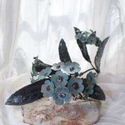 Blue ??etal Flower On Stone, Forget-Me-Not Stalk, Twig Steel & Copper Botanical Sculpture By The Steel Style Things, 7Th Anniversary - thumbnail 3